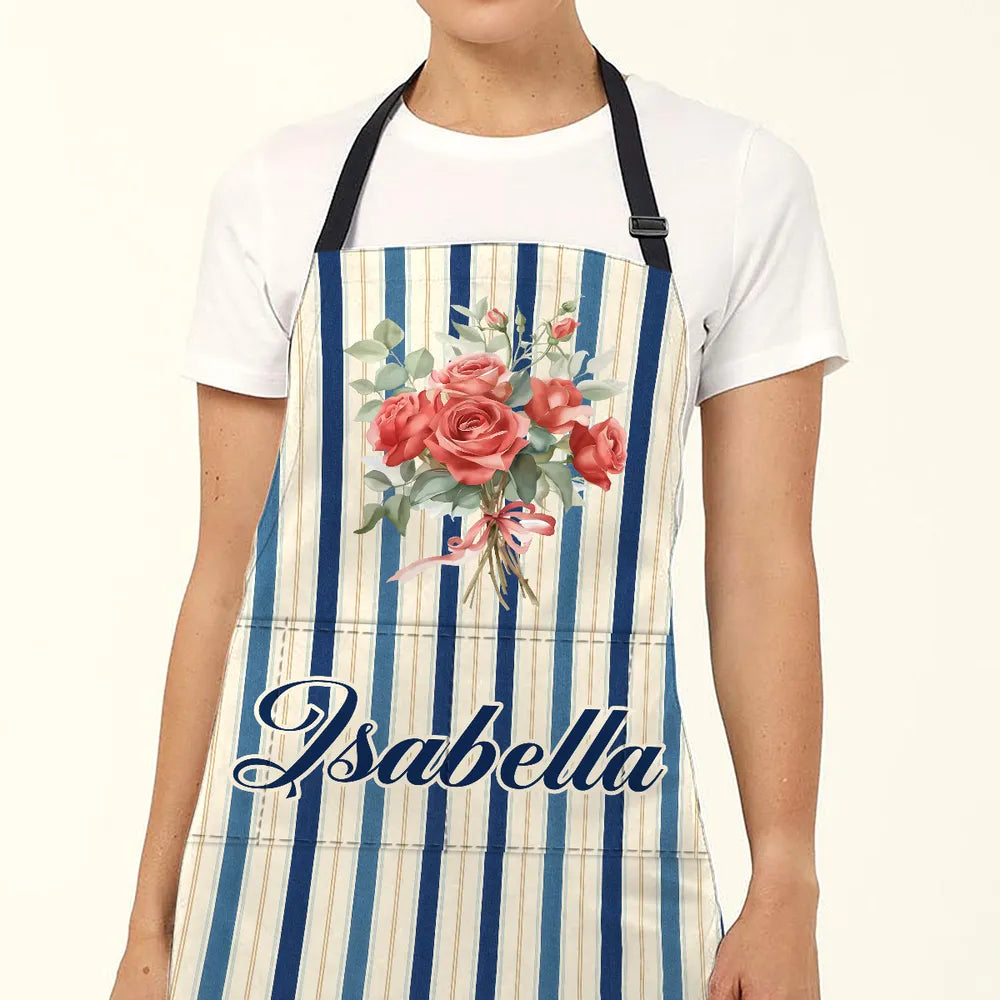 Personalized 4-Pocket Apron with Vintage Floral Stripes, Creative Gift for Home Cooks