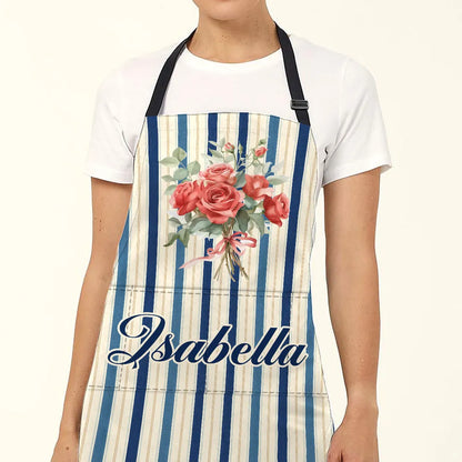 Personalized 4-Pocket Apron with Vintage Floral Stripes, Creative Gift for Home Cooks