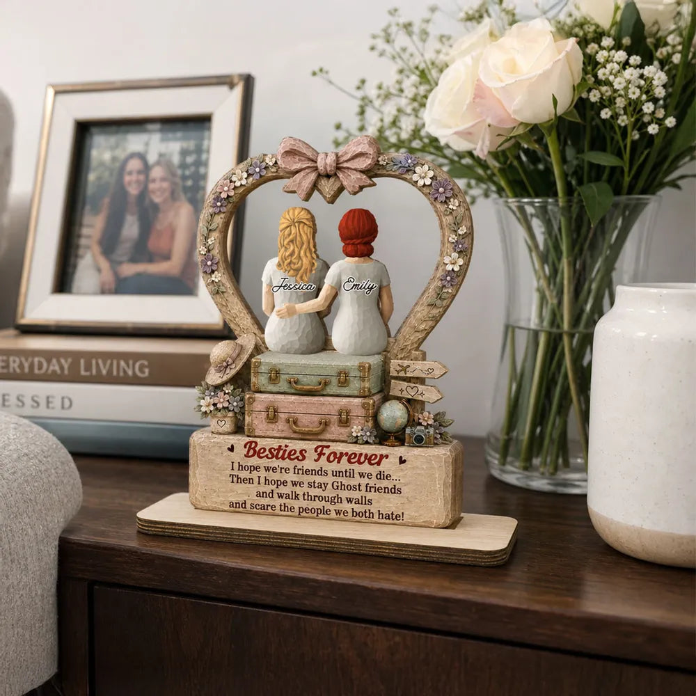 Personalized 2-Layer Wooden Plaque, Besties Forever Seated Arm in Arm, Vintage Floral Unique Gift for Best Friend