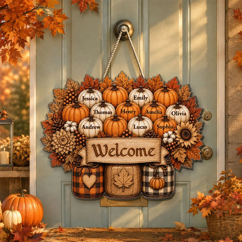 Family Welcome Wooden Sign with Fall Pumpkin Design, Personalized Front Door Decor, Creative Gift for Family