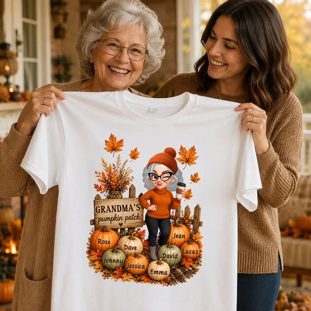 Personalized Classic Tee, Coffee-Holding Grandma in a Warm Orange Pumpkin Patch, Unique Fall Gift for Grandma