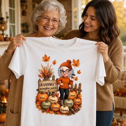 Personalized Classic Tee, Coffee-Holding Grandma in a Warm Orange Pumpkin Patch, Unique Fall Gift for Grandma