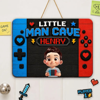 Personalized Little Man Cave Wooden Sign, Cartoon Gamer Holding Controller, Unique Gift for Boys and Gamers