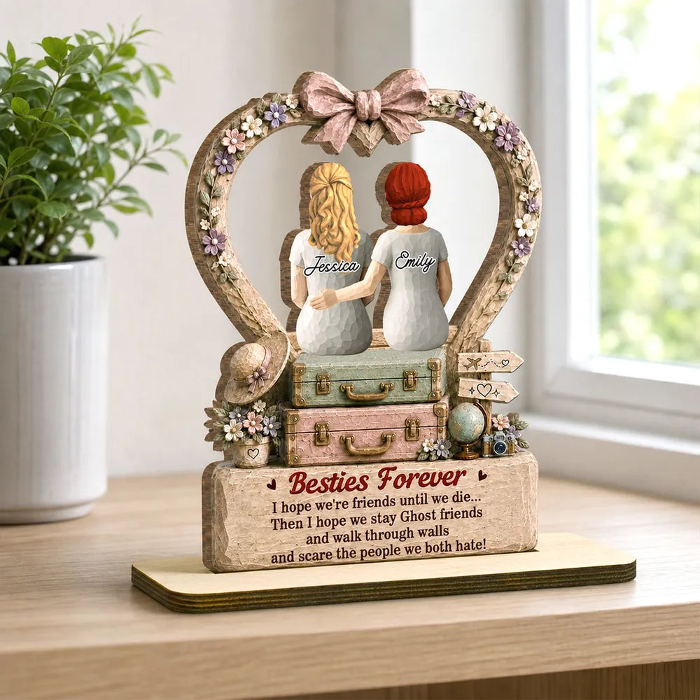 Personalized 2-Layer Wooden Plaque, Besties Forever Seated Arm in Arm, Vintage Floral Unique Gift for Best Friend