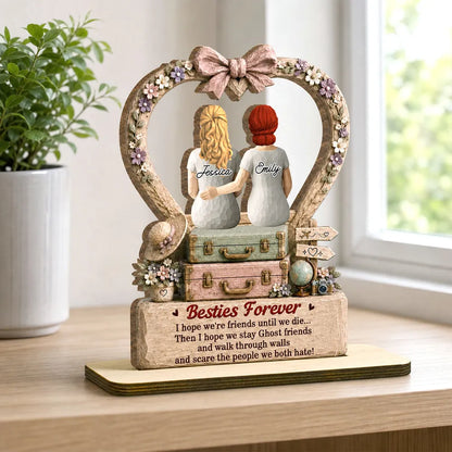 Personalized 2-Layer Wooden Plaque, Besties Forever Seated Arm in Arm, Vintage Floral Unique Gift for Best Friend
