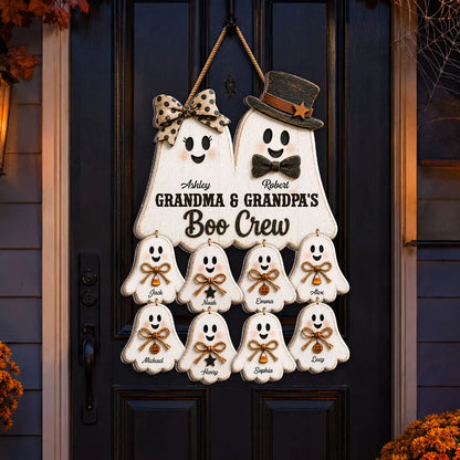 Personalized Wooden Sign with Cute Ghost Family, Rustic Halloween Door Decor, Unique Gift for Grandparents