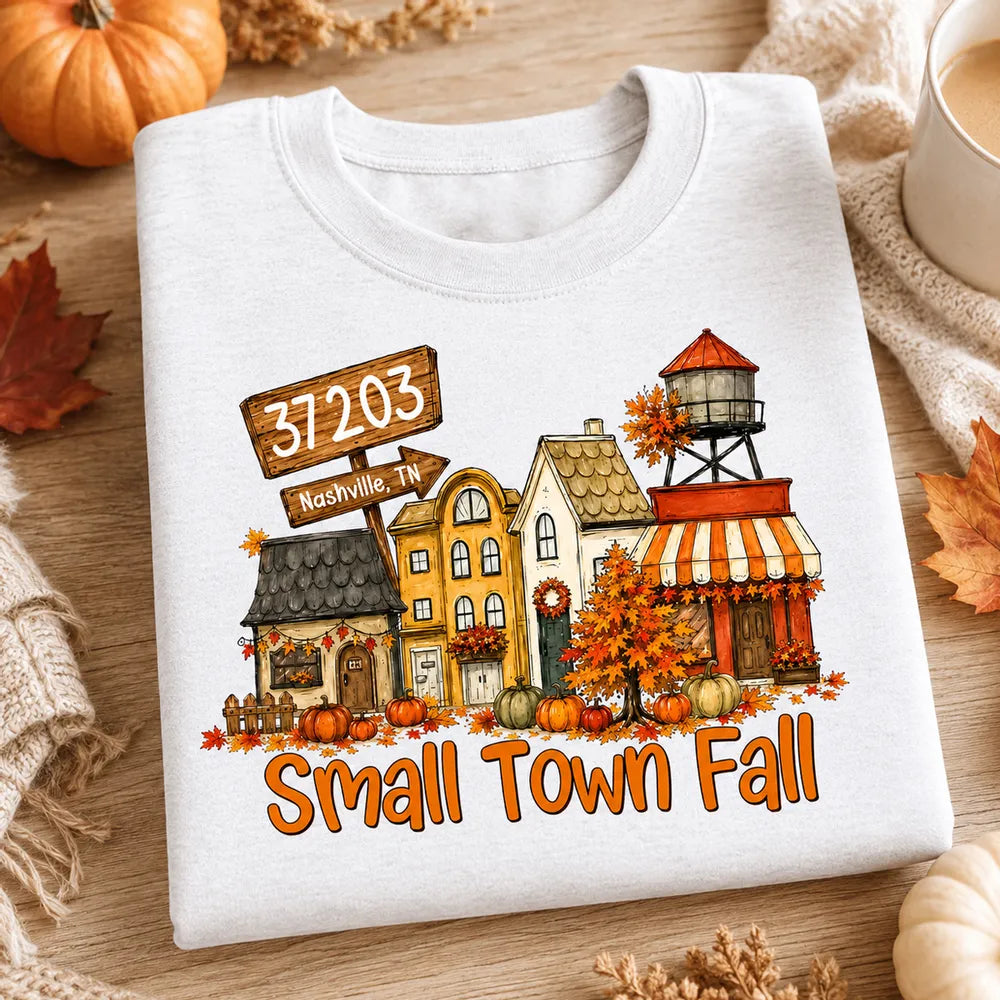Custom Classic Tee, Nostalgic Fall Town Illustration, Creative Gift for Travelers & Friends