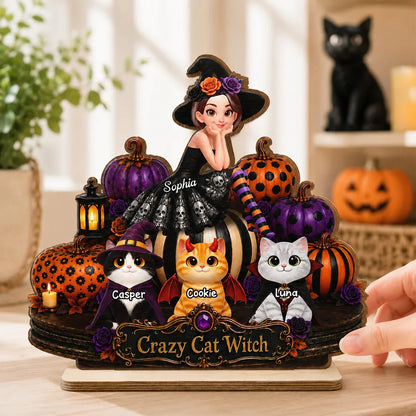Personalized 2-Layer Wooden Plaque, Cat Witch with Costumed Cats and Pumpkins, Unique Gift for Cat Lovers