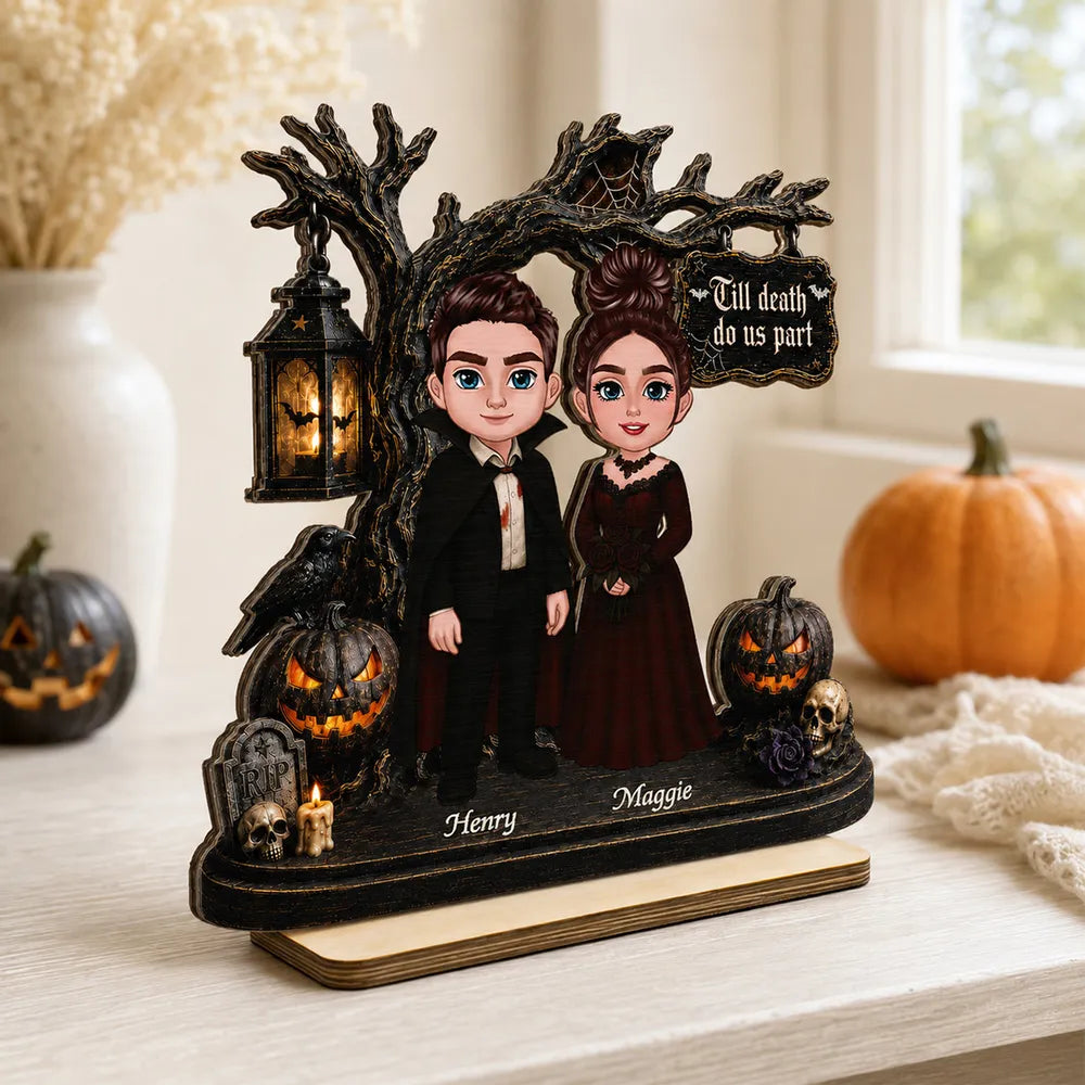 Personalized 2-Layer Wooden Plaque, Black and Amber Gothic Couple, Unique Halloween Gift for Couples