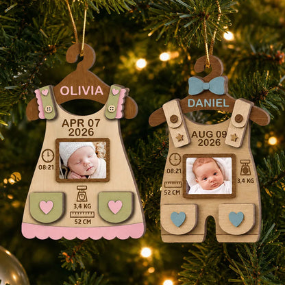 Personalized Baby Birth Stats 2-Layer Wooden Ornament, Outfit Photo Keepsake for Christmas Tree, Unique Gift for Parents