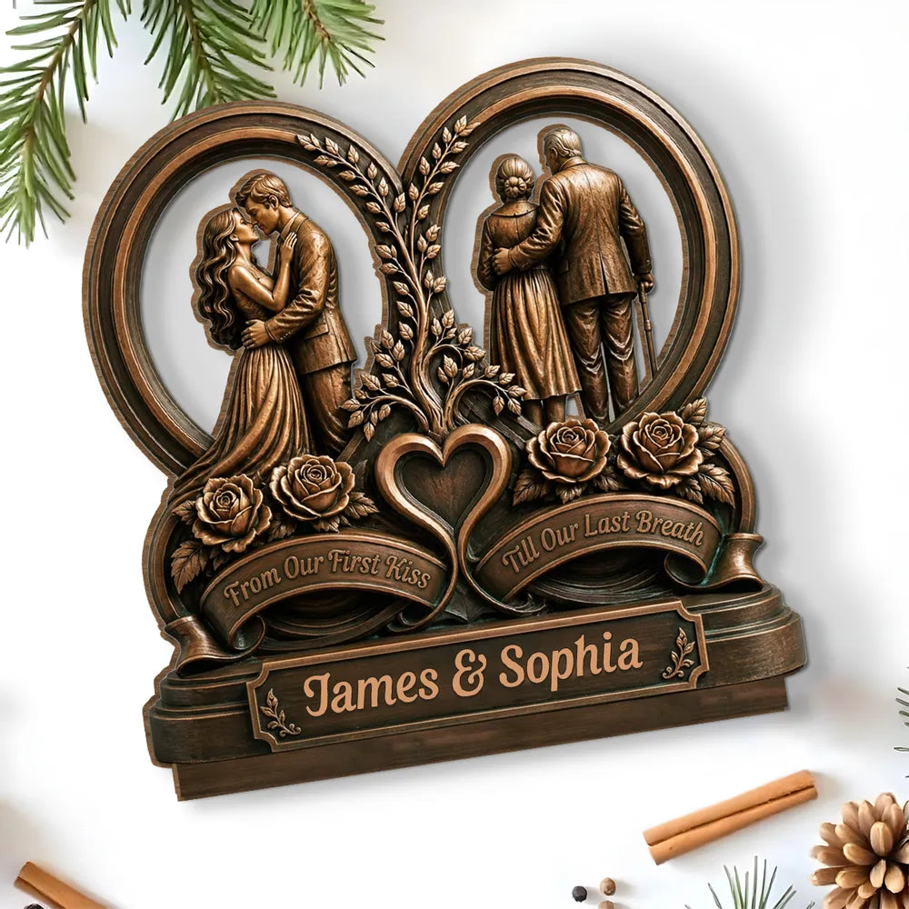 From Our First Kiss Till Our Last Breath 2-Layer Wooden Plaque, with Embracing Couple, Personalized Unique Gift for Partners