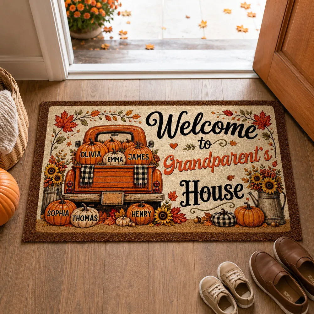Personalized Standard Doormat with Floral Pumpkin Truck, Fall Entryway Decor, Unique Gift for Grandparents