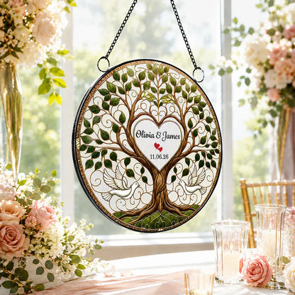 Personalized Acrylic Suncatcher Ornament, Flying Doves & Tree of Life, Unique Wedding Gift for Couples