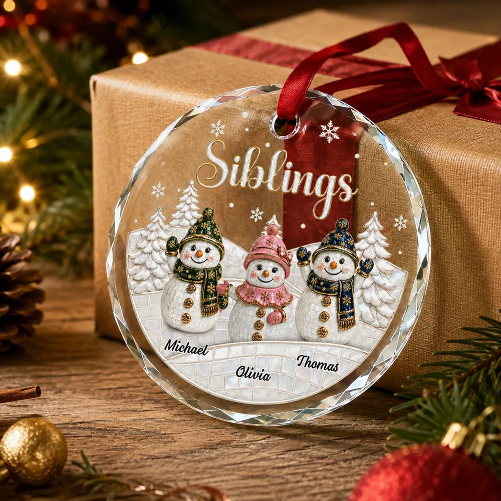 Personalized Crystal Ornament, Snowman Siblings in a Snowy Forest, Unique Christmas Gift for Family