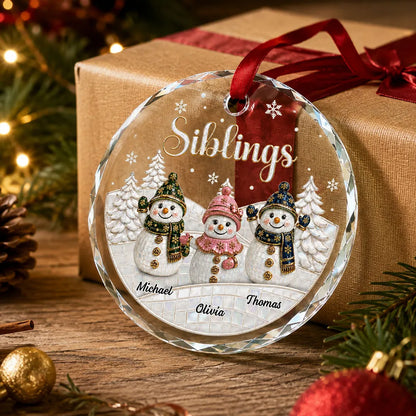 Personalized Crystal Ornament, Snowman Siblings in a Snowy Forest, Unique Christmas Gift for Family