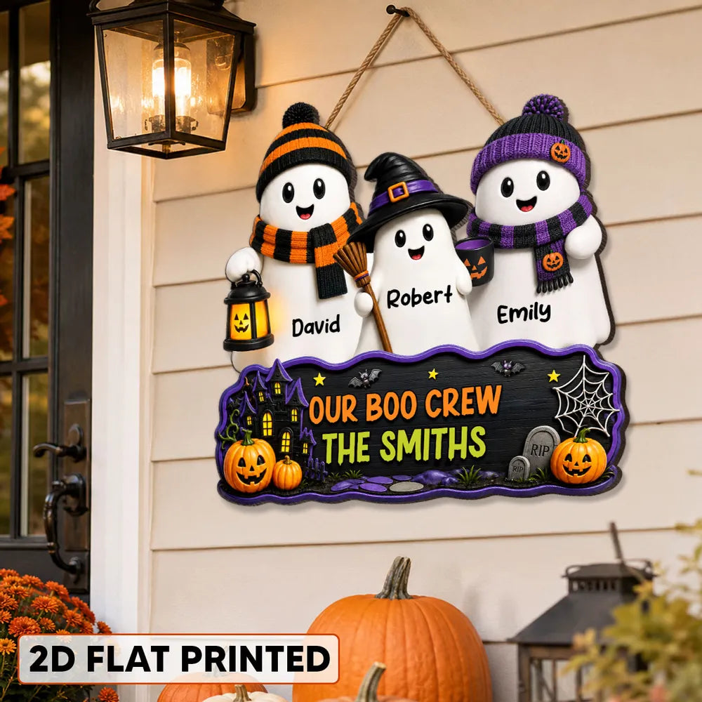 Our Boo Crew Wooden Sign, Personalized Ghost Family with Pumpkins and Haunted House, Creative Gift for Family