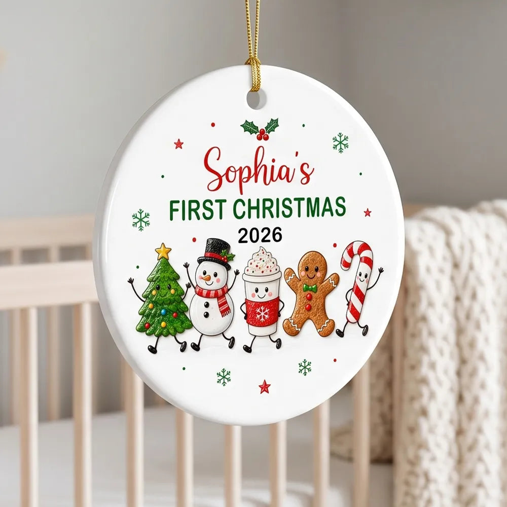Personalized Ceramic Ornament with Waving Christmas Characters, Unique First Christmas Gift for Baby and New Parents