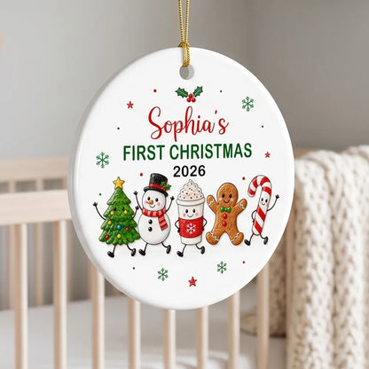 Personalized Ceramic Ornament with Waving Christmas Characters, Unique First Christmas Gift for Baby and New Parents