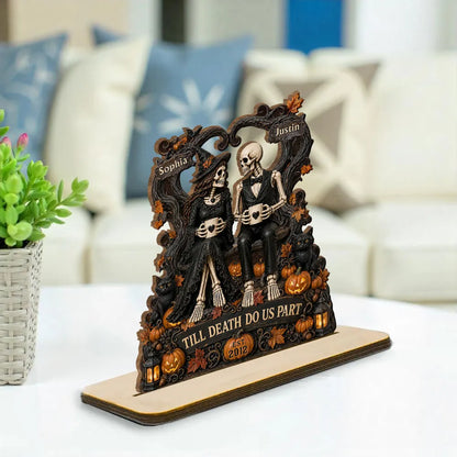 Personalized 2-Layer Wooden Plaque, Gothic Skeleton Couple With Mugs, Unique Anniversary Gift for Couples