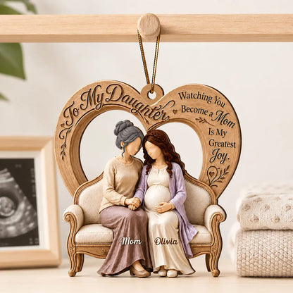Personalized Wooden Ornament, Mother and Pregnant Daughter Holding Hands, Unique Gift for Expecting Mom