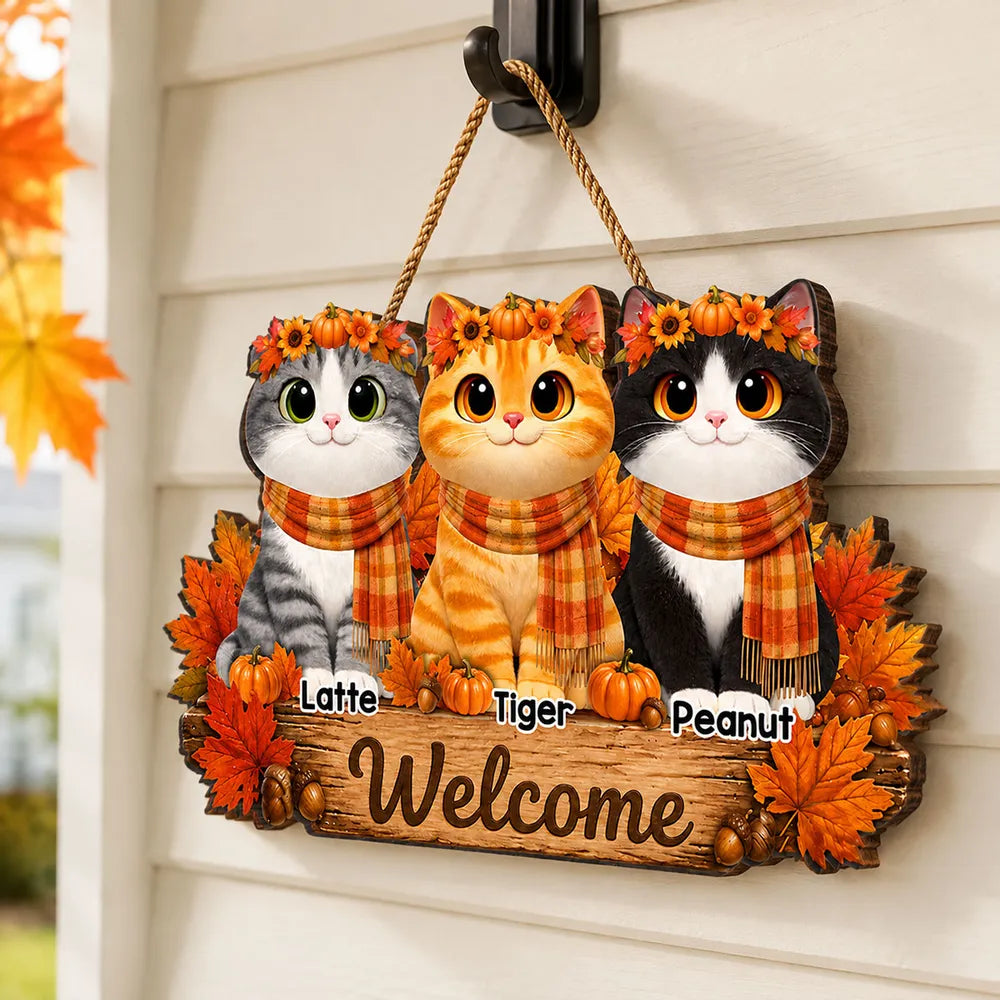 Personalized Wooden Sign, Cozy Cartoon Cats in Autumn Leaves, Creative Housewarming Gift for Cat Owners