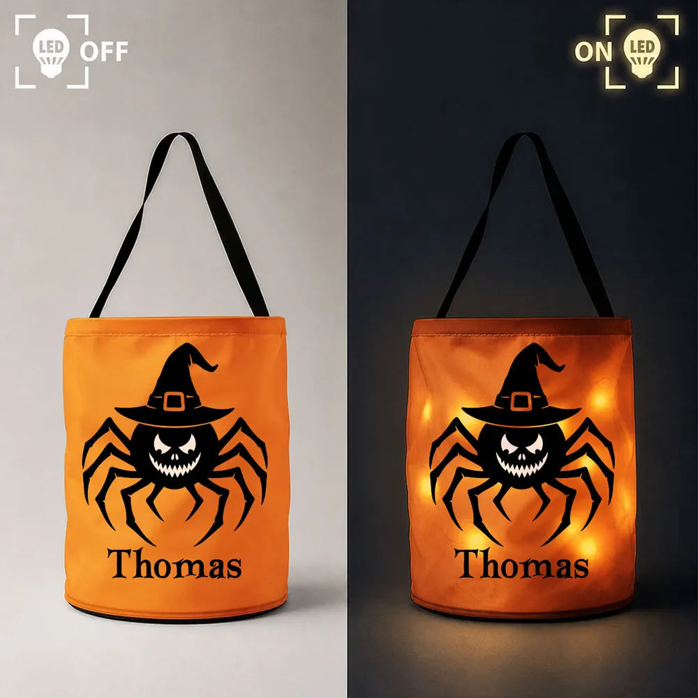LED Light Up Fabric Basket, Personalized Spider and Pumpkin Keepsake for Trick or Treating, Creative Kids Gift