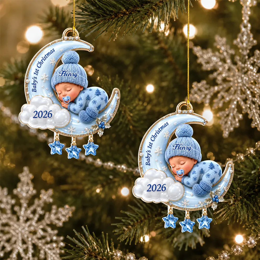 Personalized Acrylic Ornament, Sleeping Baby on Pink Moon, Christmas Tree Keepsake, Unique Gift for New Parents