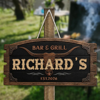 Personalized Rustic Longhorn Wooden Sign, Bar & Grill Decor, Unique Gift for Home Cooks
