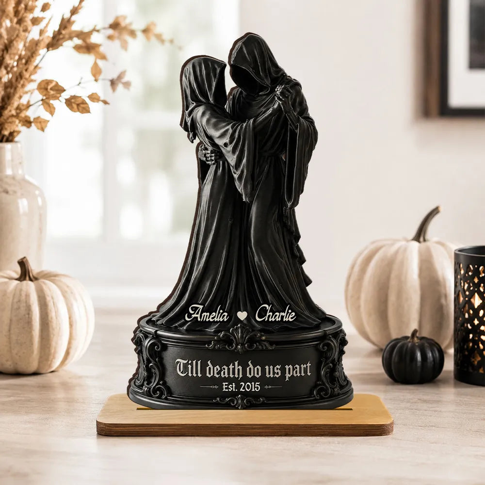Personalized Wooden Plaque, Dancing Grim Couple in Black Gothic Style, Halloween Decor, Unique Gift for Couples