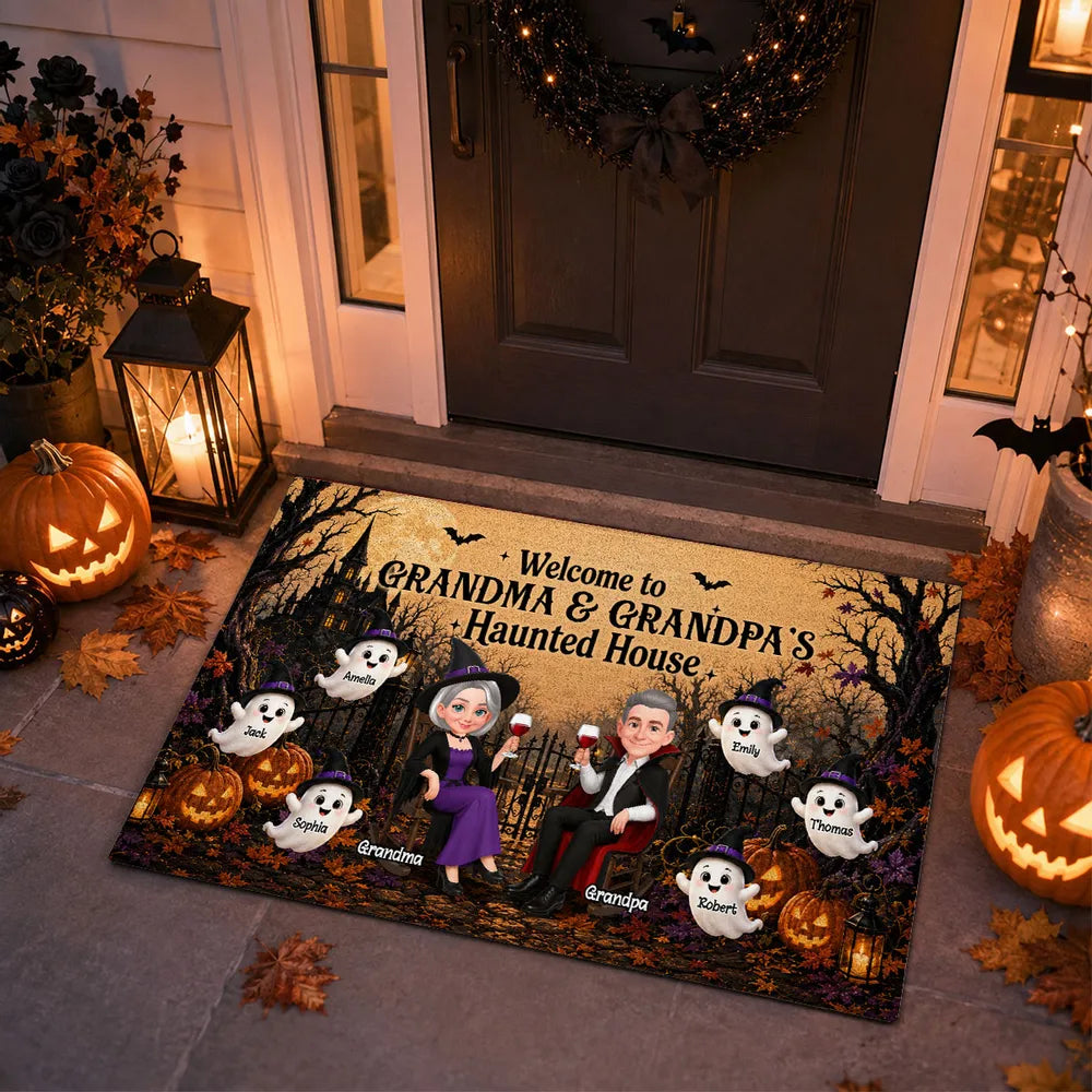 Personalized Standard Doormat, Seated Grandparents in Warm Orange Haunted House, Unique Halloween Gift for Grandparents