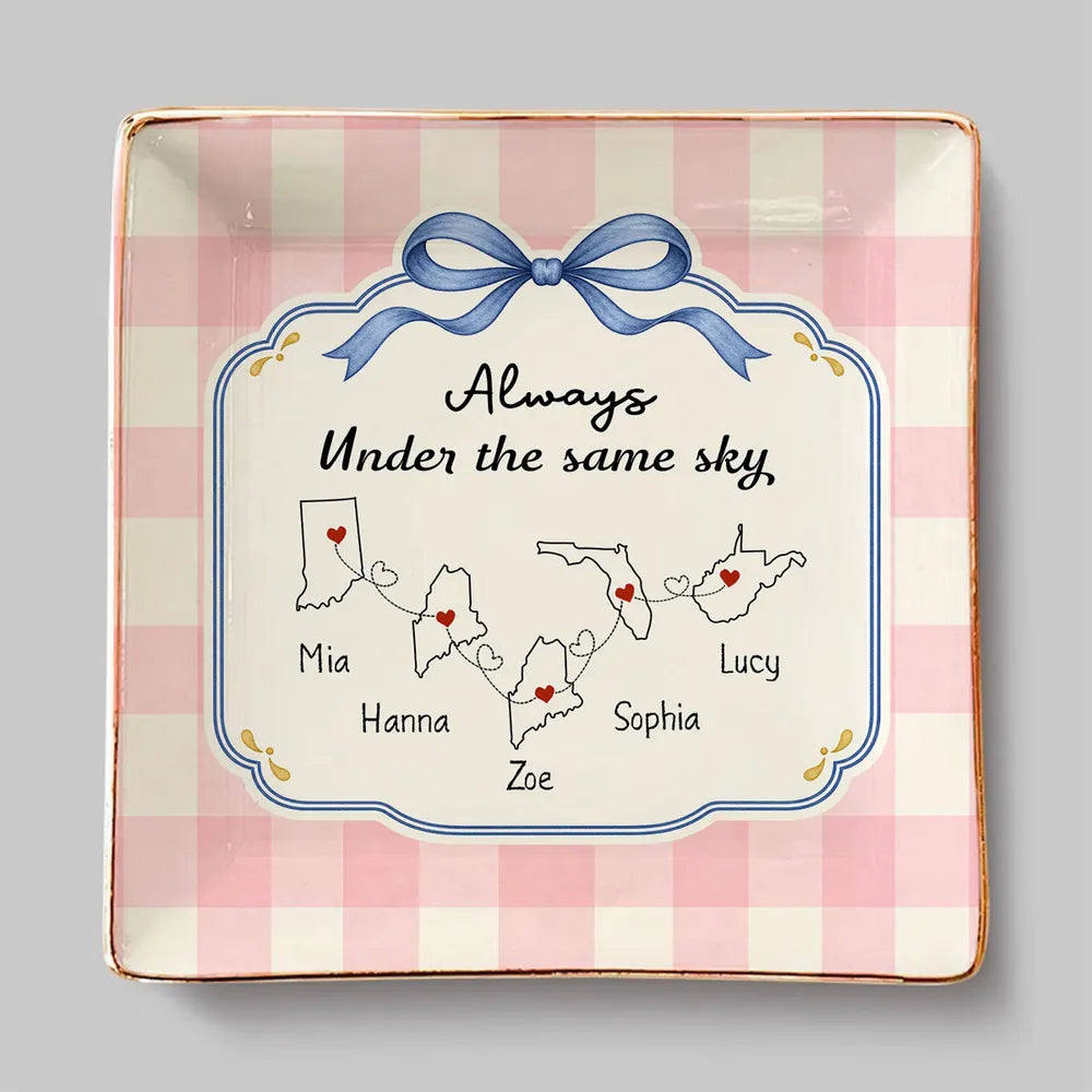 Personalized Always Under the Same Sky Jewelry Dish, Pastel Bow and Linked Hearts, Creative Gift for a Sister