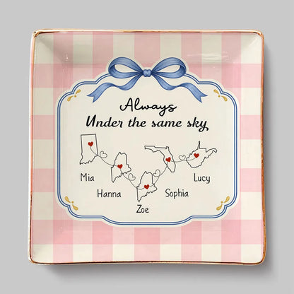 Personalized Always Under the Same Sky Jewelry Dish, Pastel Bow and Linked Hearts, Creative Gift for a Sister