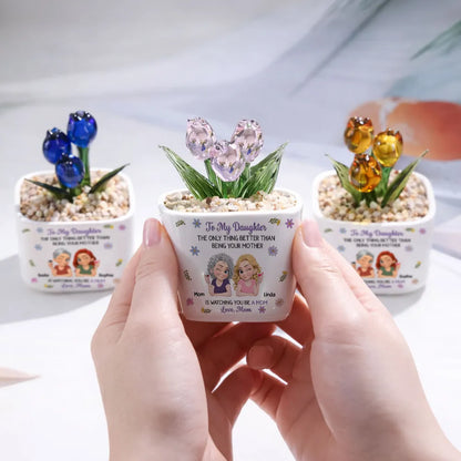Personalized Square Glass Planter, Cartoon of a Winking Mother and Daughter Sharing a Toast, Unique Gift for Daughter