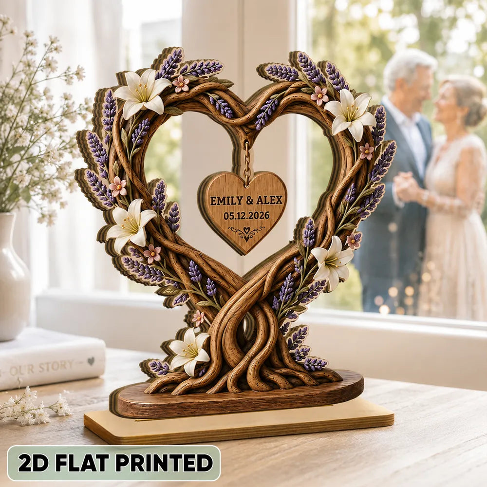 Personalized Wooden Plaque, Floral Heart Tree of Life, Unique Anniversary Gift for Couple