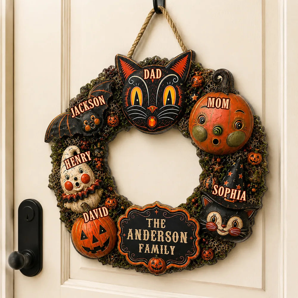 Personalized Wooden Sign, Custom Family Black Cat and Pumpkin Halloween Front Door Decor, Unique Gift for Families
