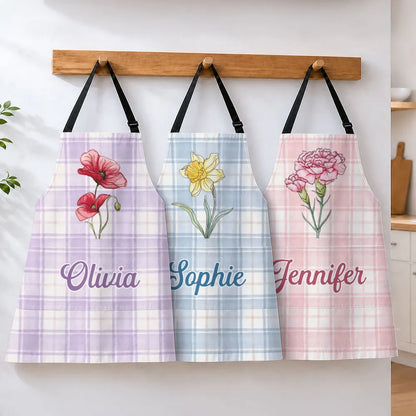 Personalized Floral 4-Pocket Apron in Soft Pastel Plaid, Unique Keepsake Gift for Mom, Sister or Friend