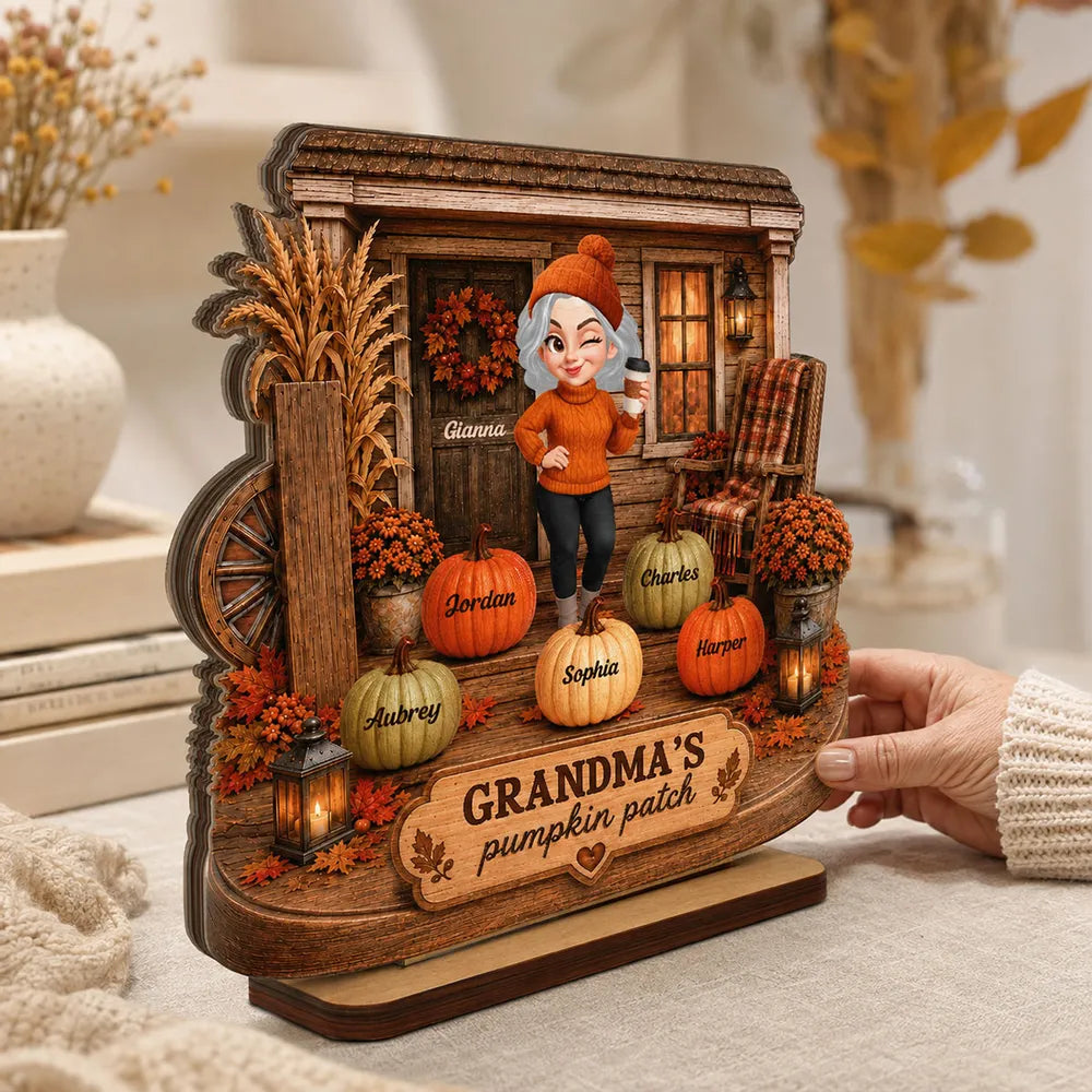 Personalized Wooden Plaque, Grandma Holding Coffee on a Cozy Autumn Porch, Unique Family Gift