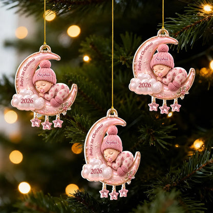 Personalized Acrylic Ornament, Sleeping Baby on Pink Moon, Christmas Tree Keepsake, Unique Gift for New Parents
