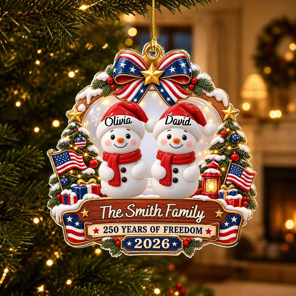 Custom USA Flag Snowman Family Ornament, Personalized Acrylic Christmas Keepsake for Your Family