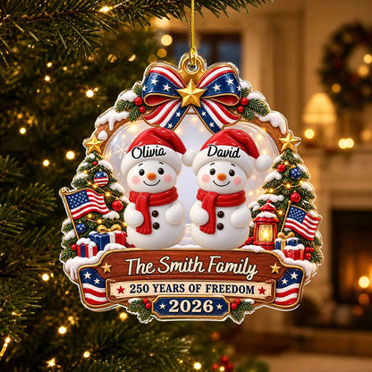 Custom USA Flag Snowman Family Ornament, Personalized Acrylic Christmas Keepsake for Your Family