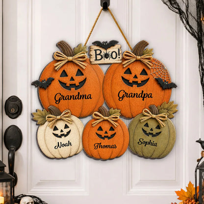 Personalized Wooden Sign with Grandma and Grandpa Pumpkins, Rustic Halloween Door Decor, Unique Gift for Grandparents