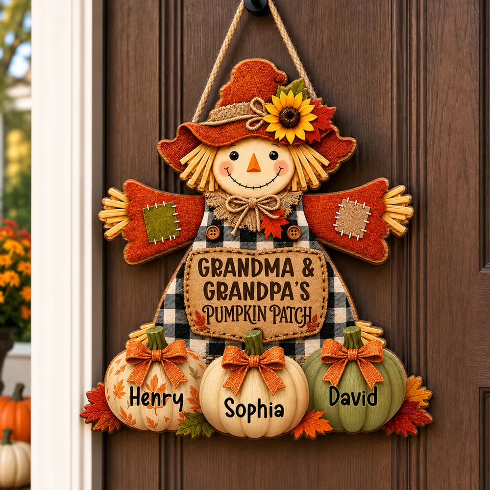 Personalized Wooden Sign with Smiling Scarecrow & Pumpkins, Autumn Porch Decor, Unique Gift for Grandparents