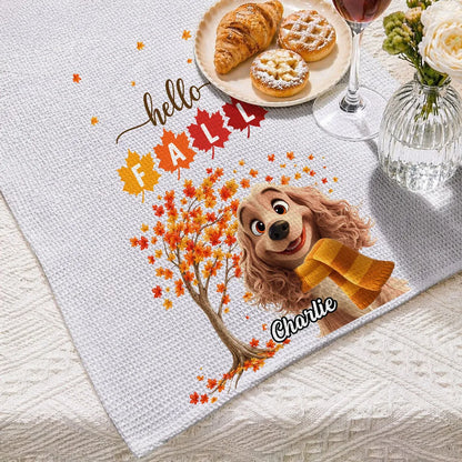 Hello Fall Personalized Kitchen Towel, Smiling Dog by an Autumn Tree, Creative Gift for Pet Owners