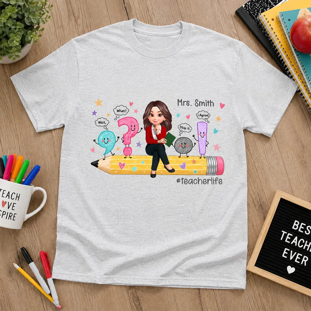 Personalized Classic Tee with Cartoon Teacher on Pencil, Colorful Grammar Design, Unique Gift for Educators