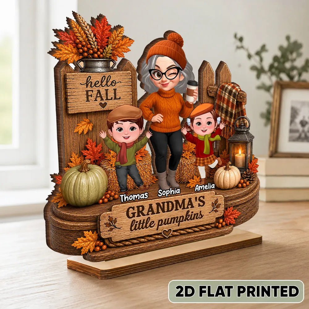 Personalized Wooden Plaque, Winking Grandma With Waving Grandkids in a Fall Scene, Unique Gift for Grandma