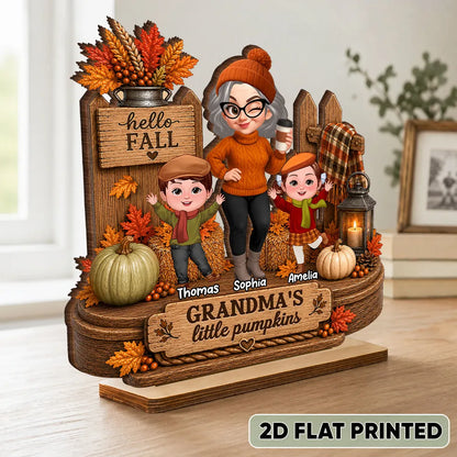 Personalized Wooden Plaque, Winking Grandma With Waving Grandkids in a Fall Scene, Unique Gift for Grandma
