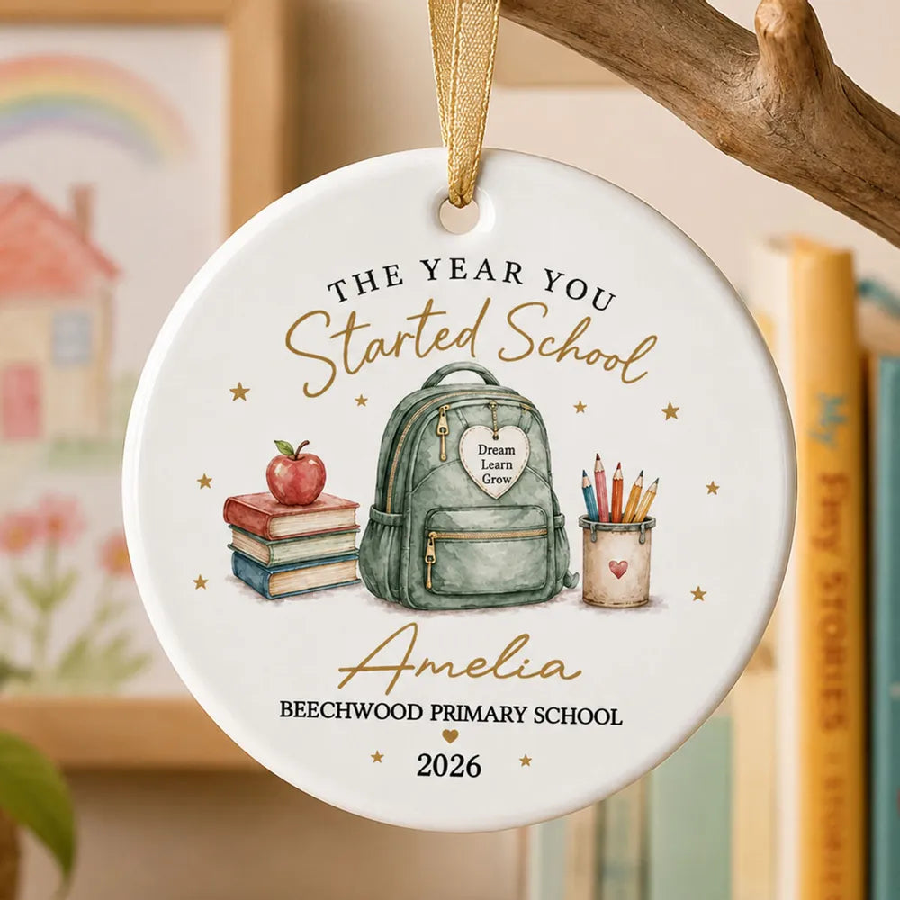 Personalized Ceramic Ornament, Watercolor First Day of School Keepsake, Unique Gift for Students