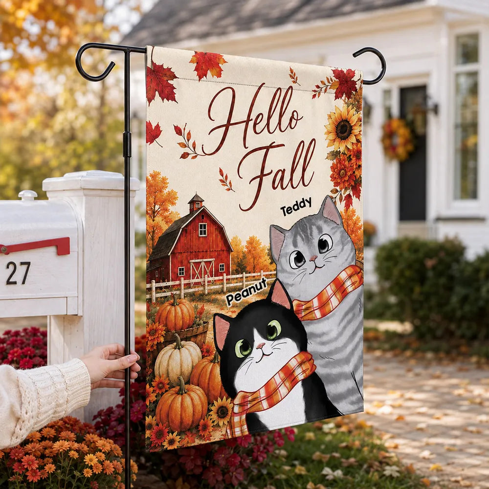 Personalized Garden Flag, Cute Black Cat in a Rustic Fall Farm Scene, Creative Gift for Cat Lovers