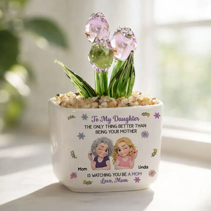 Personalized Square Glass Planter, Cartoon of a Winking Mother and Daughter Sharing a Toast, Unique Gift for Daughter