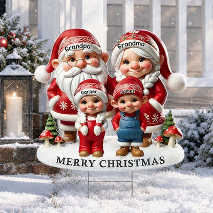 Personalized Shaped Yard Sign, Christmas Gnome Grandparents & Grandkids in Snow, Unique Gift for Grandparents